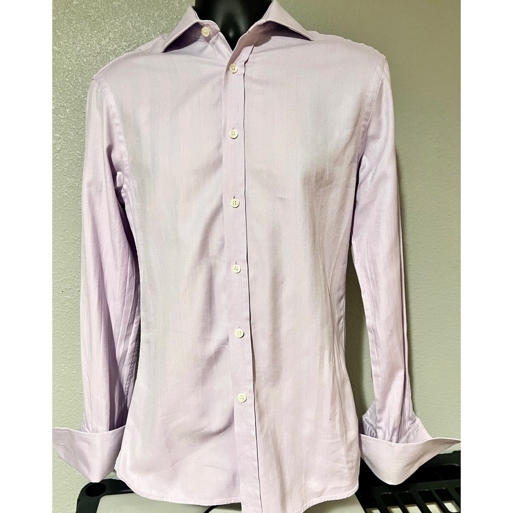 Marks & Spencer Sartorial Shirt Mens 14.5 Purple Slim French Cuff Herringbone